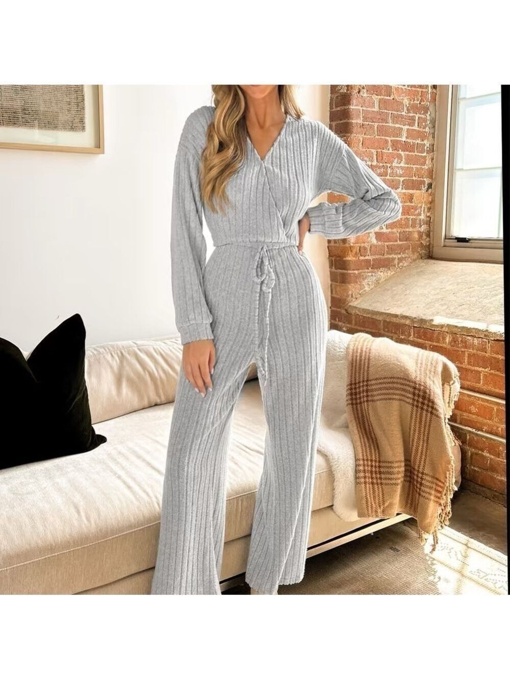 Silver Mist Ribbed Drawstring Jumpsuit